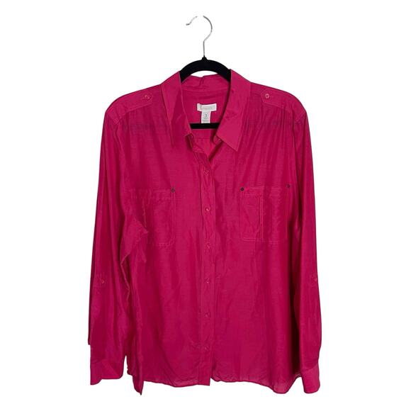 Women's Chico's Long Sleeve Pockets Button Front Shirt Pink Silk Blend Size 3/L - Picture 1 of 6